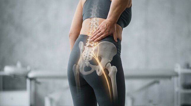 Anatomical illustration highlighting the sciatic nerve pathway for pain relief and physical therapy