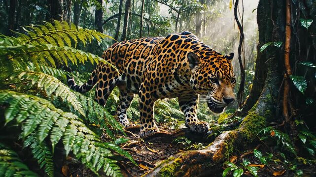 A Majestic Jaguar Stalks Through a Lush, Sunlit Rainforest Jungle