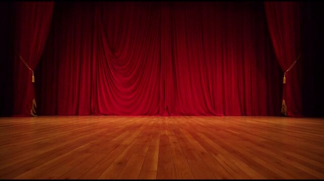 Empty Theater Stage with Elegant Red Velvet Curtains and Polished Wooden Floor.