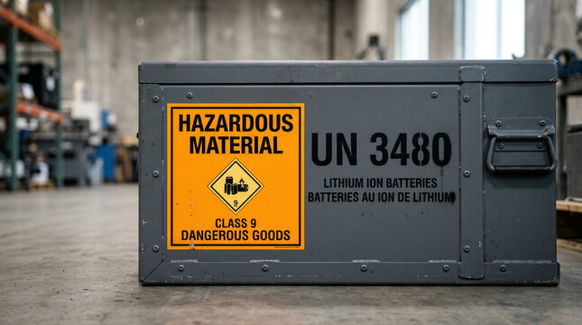 Hazardous material container for lithium ion batteries in industrial warehouse