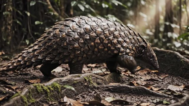 A scaly pangolin walks through a lush, mossy forest floor, its armored body protected against the wild surroundings.