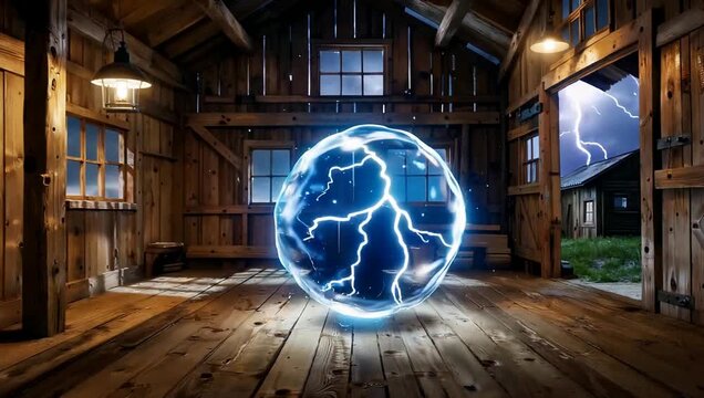 Glowing orb with lightning inside wooden barn during storm