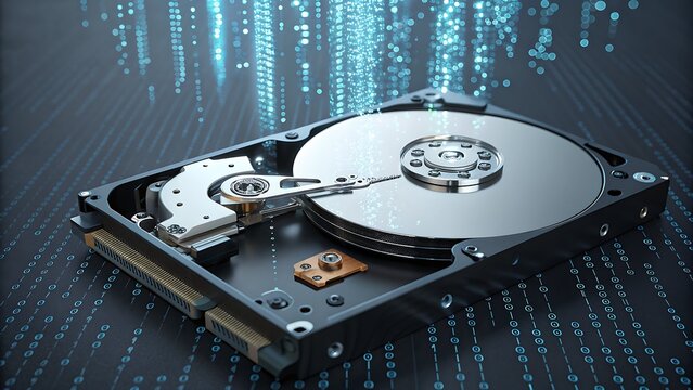 Open Hard Drive with Digital Data Flow Background