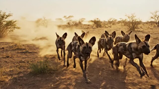 A pack of African wild dogs running through a dusty savanna at sunrise, showcasing their powerful hunt and social dynamics.