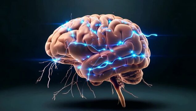 Human brain with glowing blue neural pathways and nerves