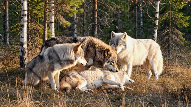 Wolf Pack Interaction in Forest Clearing.