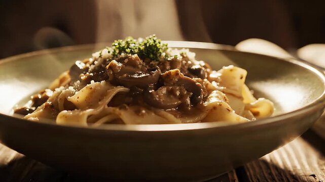 Warm golden hour light illuminates gourmet pappardelle with wild mushroom ragu and fresh parsley in rustic bowl