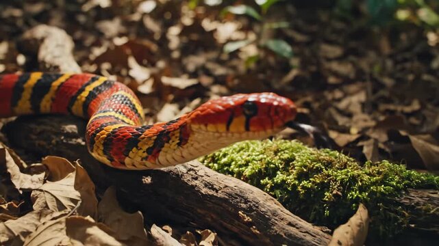 A vibrantly colored coral snake with red yellow and black bands slithering on a mossy log amidst fallen leaves in a forest setting