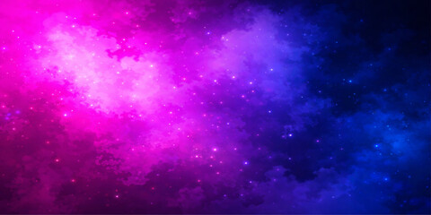 Fototapeta premium An abstract deep blue and purple galaxy nebula background featuring a cosmic starry night sky with shimmering light across a dark fantasy universe starfield illustration