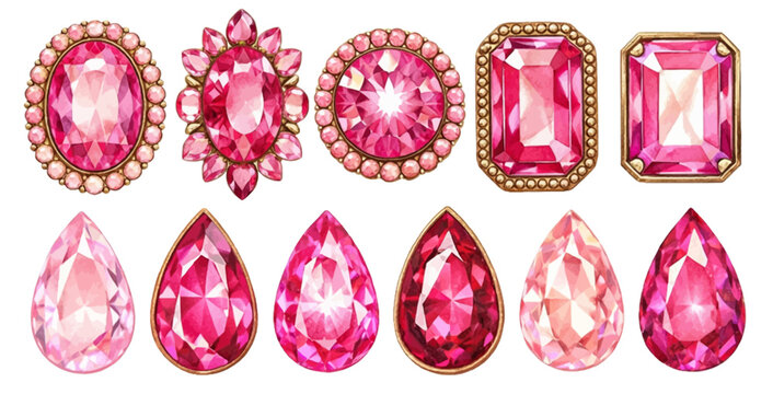 A charming watercolor collection of pink tourmaline rhinestone, including oval, emerald, and teardrop faceted jewels.