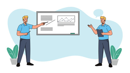 Two male speakers in blue shirts and headsets giving a technical presentation using a whiteboard with various data graphs.