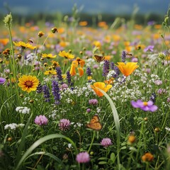 Vibrant field of wildflowers with orange, purple, yellow, and white blooms, two orange butterflies, and lush green grass in a sunny meadow with a blurred background.