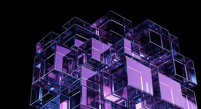 A 3D rendering of cubes with purple and blue neon lights viewed from a high angle, showcasing geometric structures and futuristic technology.
