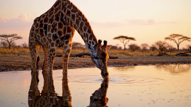 Graceful giraffe drinking water at sunset in African savanna with reflection