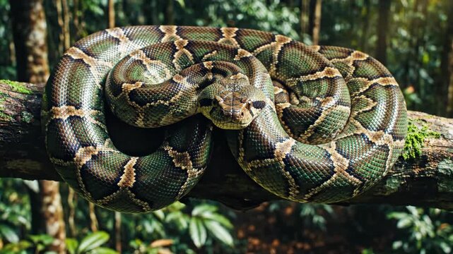 Green python coiled on a mossy branch in a lush jungle habitat