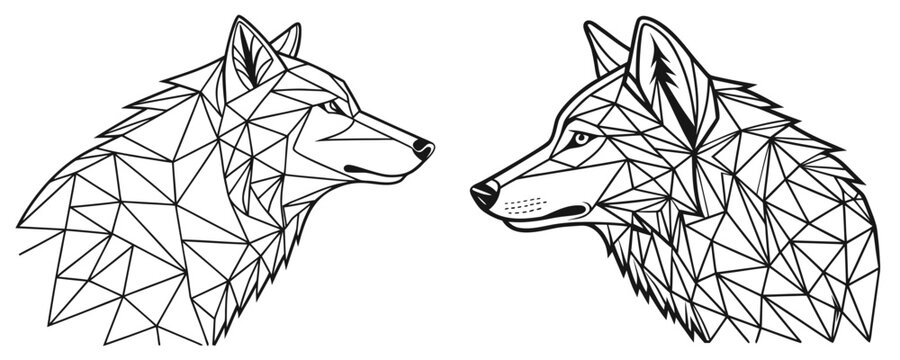 Low Poly Wolf Heads in Geometric Triangular Patterns, Black and White Silhouette