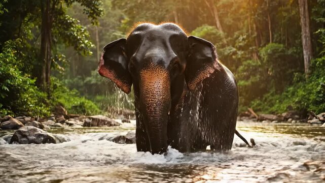 Majestic Asian Elephant Bathes in a Refreshing River Amidst Lush Tropical Forest Scenery