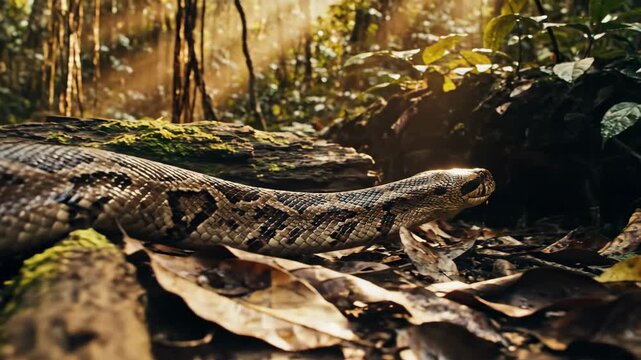 Majestic Python Coiled in Lush Tropical Forest Amidst Sunlight and Shadows