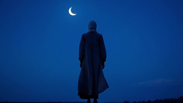 Back silhouette of modestly dressed person standing outdoors under deep blue night sky