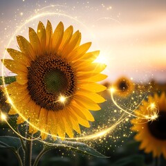 Close-up of a large, bright yellow sunflower with sparkling, glowing lines and particles against a soft, sunset-colored sky with another sunflower in the background.