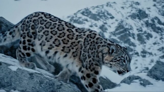 Majestic Snow Leopard Navigates Rocky, Snowy Mountain Peaks With Stealthy Grace