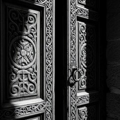 Close-up of intricately carved wooden doors with ornate details and a metal handle in a dark, monochromatic setting.