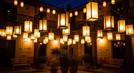 A serene nighttime scene of a courtyard adorned with numerous glowing lanterns