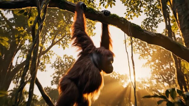 Orangutan hanging from a tree branch bathed in golden hour sunlight in its lush jungle habitat