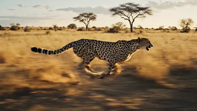 Powerful cheetah sprints through African savanna at sunrise, embodying speed and wild nature