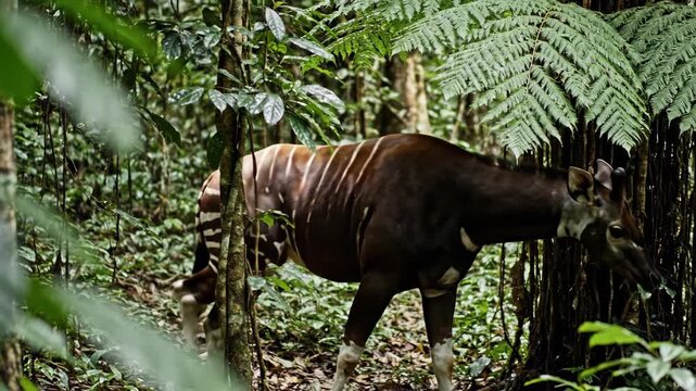 Rare Okapi with distinctive stripes stands alert amidst dense tropical rainforest foliage