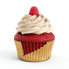 Close-up shot of a red velvet cupcake with cream cheese frosting, topped with a raspberry and sprinkles, against a clean white background.