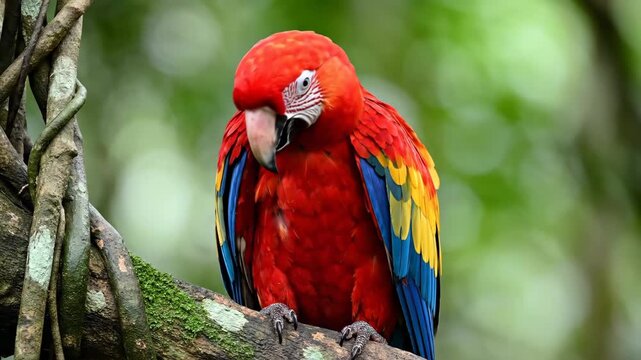 Scarlet Macaw Parrot Preening on a Tree Branch Amidst Lush Green Tropical Foliage