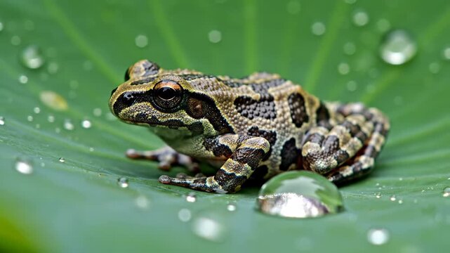 Small frog with intricate camouflage patterns resting on a large green leaf covered in water droplets