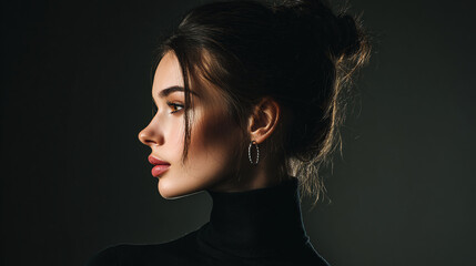 Fototapeta premium fashion portrait of beautiful woman wearing black turtleneck with silver earrings high hair beam elegant profile and stylish studio photography on dark backdrop
