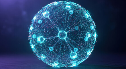 Obraz premium Complex Digital Network Sphere with Connected Nodes, Illustrating Artificial Intelligence and Global Data Communication in a Technological World