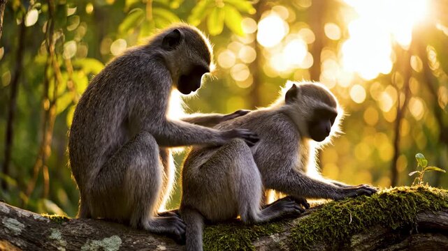 Two monkeys grooming each other on a mossy tree branch bathed in warm golden sunlight amidst forest foliage