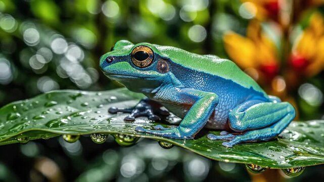 Vibrant blue and green tree frog perched on a wet leaf in a lush rainforest habitat, showcasing delicate details and colorful surroundings.