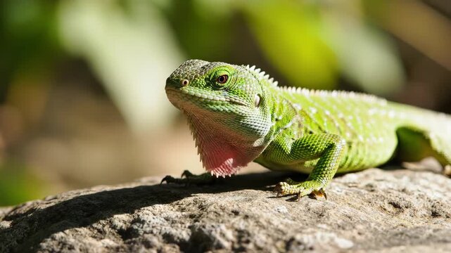 Vibrant green anole lizard with extended pink dewlap perched on a sunlit rock in natural foliage