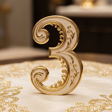 Close-up of an ornate gold and white number three decoration on a table with embroidered fabric, conveying a luxurious and celebratory mood.