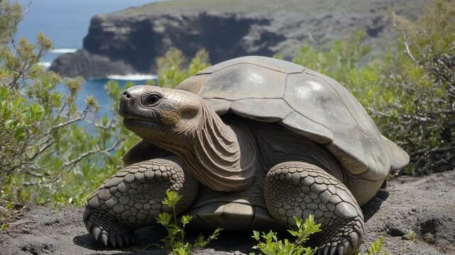 Large tortoise on rocky terrain outdoors.