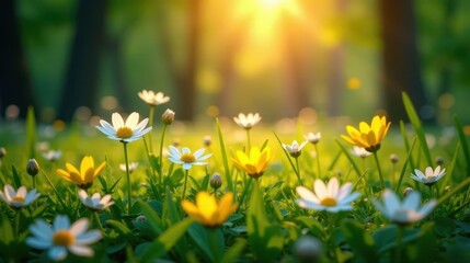 Fototapeta premium Golden hour sunlight illuminates a vibrant meadow of wildflowers, showcasing delicate white and sunny yellow blossoms in a picturesque natural setting