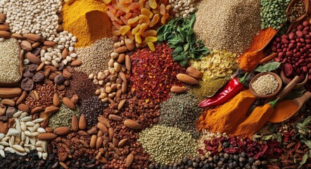 Fototapeta premium Assorted Spices Nuts Seeds and Dried Fruits in Colorful Array for Cooking and Health Food with Natural Light Indoor Setting