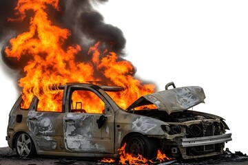 A car is on fire with flames coming out of the windows and hood