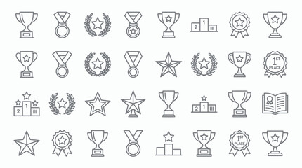 Fototapeta premium Collection of achievement and award line icons featuring trophies, medals, stars and winner podiums on a white background, concept for business success, sports competition and personal accomplishment