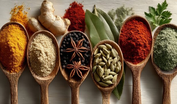  Turmeric, Ginger, Star Anise, Cardamom, Bay Leaves, Chili Powder, Parsley on White Wood 108