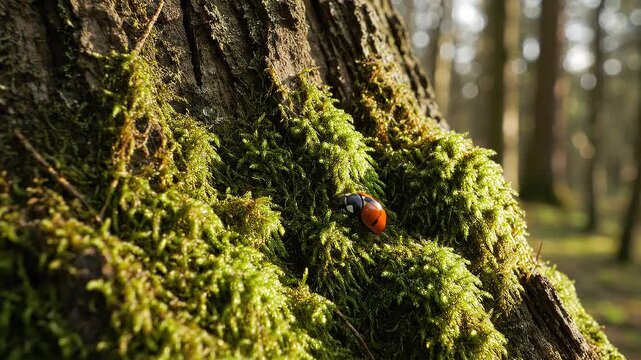 Moss covered tree with mushroom forest.
