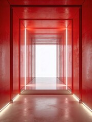 Symmetrical red glowing passage leading to bright light
