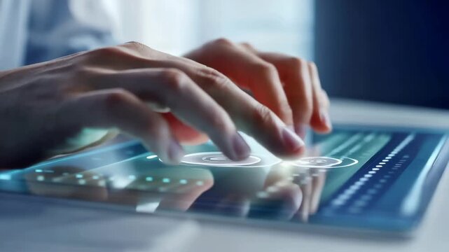 Navigating a transparent productivity interface close-up on hand gestures in a modern tech environment