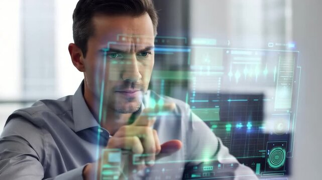 Professional reviewing holographic data projection in office close-up view soft light reflection modern technology concept