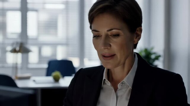 Professional woman in office communicates important message with micro facial tension and soft lighting for realistic impact